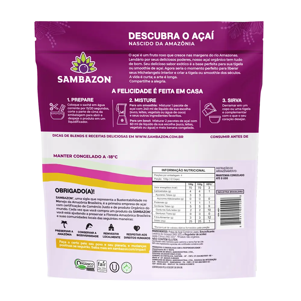 <tc>Pacotes de Açaí puro sem açúcar congelado</tc> - Back of Packaging